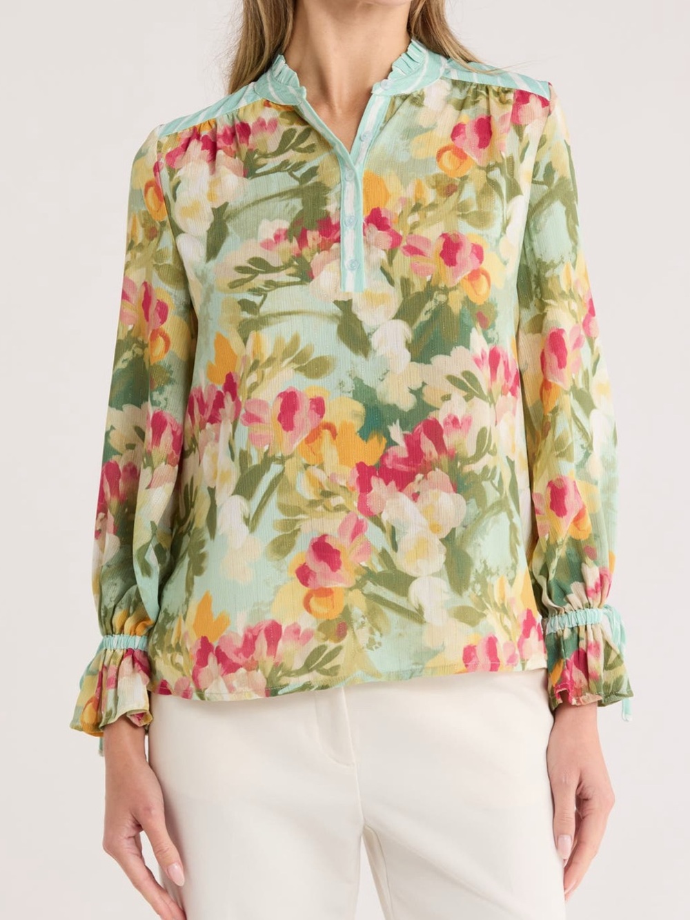 Nicole Miller Floral Ruffle-Neck Blouse